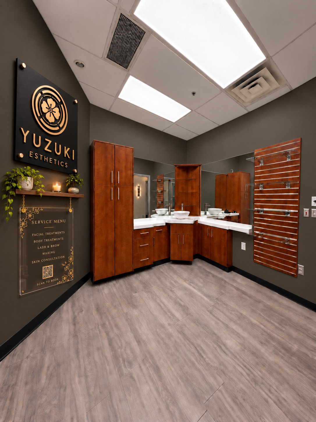 AI rendering of the Yuzuki studio direction with bronze walls, warm wood cabinetry and black and gold signage